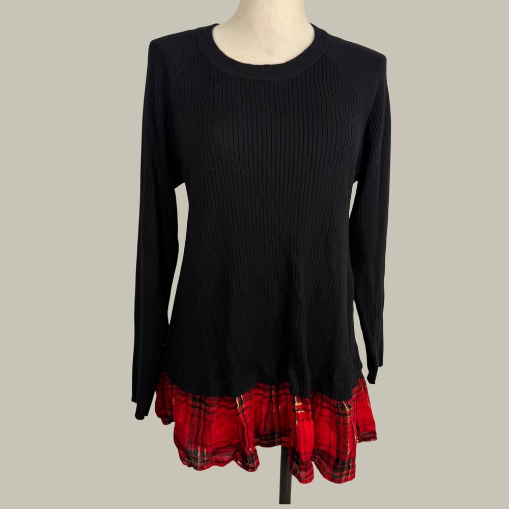 Torrid 2X Black Rib Knit Tunic Sweater Red Plaid Flannel Ruffle Hem